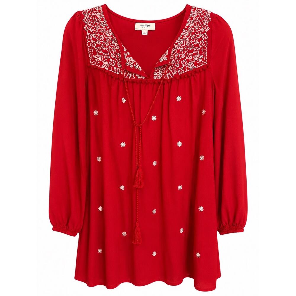 Umgee Red White Embroidered Peasant Blouse Small Tassel Coastal Cowgirl Boho Top